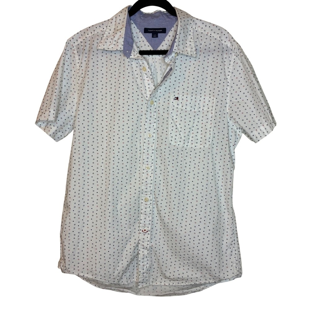 Tommy Hilfiger Button Down Shirt Star Print Short Sleeve L/G White 100% Cotton - Picture 2 of 9